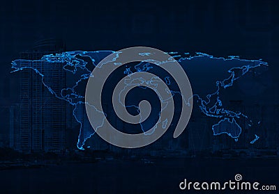 Light blue world map on city and business graph background, Elem Stock Photo