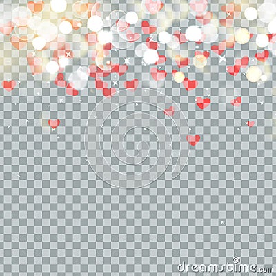 Light bokeh and Heart of Valentines petals falling on transparent background. Flower petal in shape of heart confetti Vector Illustration