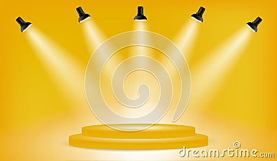 Light box with presentation platform on yellow backdrop with five spotlights. Vector Illustration