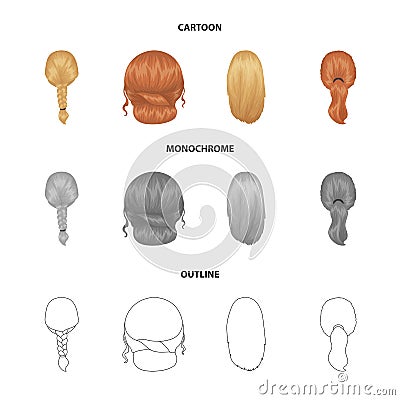 Light braid, fish tail and other types of hairstyles. Back hairstyle set collection icons in cartoon,outline,monochrome Vector Illustration