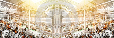 Light and bright Mirror Panoramic Photo. Automobile production line. Welding car body. Modern car assembly plant Editorial Stock Photo
