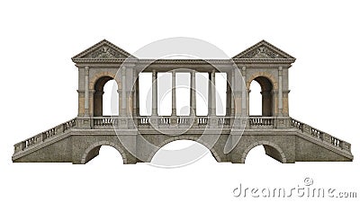 Light brown medieval covered stone bridge with classical columns and arches. 3D illustration isolated on white background Stock Photo