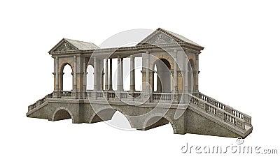 Light brown medieval covered stone bridge with classical columns and arches. 3D rendering isolated on white background Cartoon Illustration