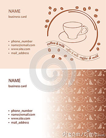 Light brown visit cards with cups and coffee grains - vector Vector Illustration