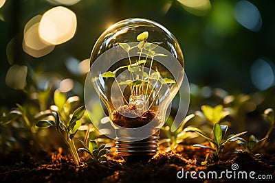 light bulb against nature on green leaf with energy sources, Sustainable developmen and responsible environmental, AI generate Stock Photo