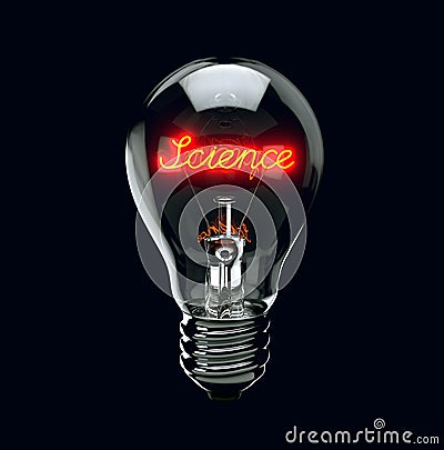 Light bulb on black background with word science. Stock Photo
