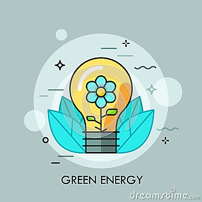 Light bulb with blooming flower inside it and leaves. Concept of green energy, ecologically friendly clean technology Vector Illustration