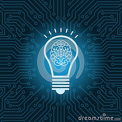 Light Bulb With Brain Inside Icon Over Blue Circuit Motherboard Background Vector Illustration