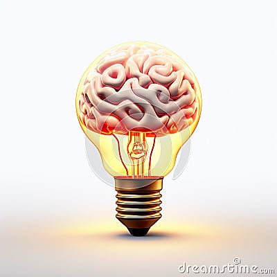light bulb with a brain inside, set against a clean white background. Cartoon Illustration