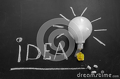 Light bulb on chalkboard with title idea! and crumpled papers Stock Photo