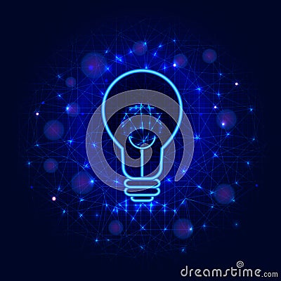 Lightbulb concept from lines, points and triangles on abstract blue low poly background. Lamp or light bulb design for creative id Vector Illustration