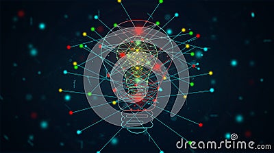 Light bulb connection and communication concept. colorful points connected together by blue lines in space particles background. Stock Photo