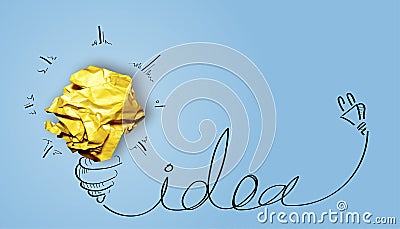 Light bulb Crumpled paper balls yellow - Concept creative idea and innovation with Doodle art, concept, painting - illustration Stock Photo