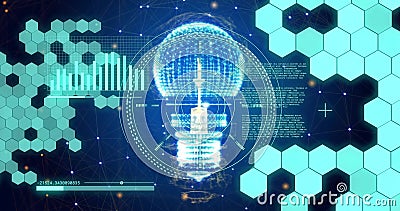 Light bulb and data charts image over hexagonal shapes and digital network Stock Photo