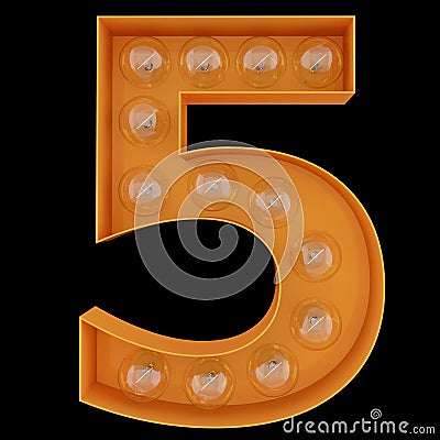 Light bulb digit alphabet character 5 five font. Front view illuminated number 1 symbol on black background. 3d render Cartoon Illustration