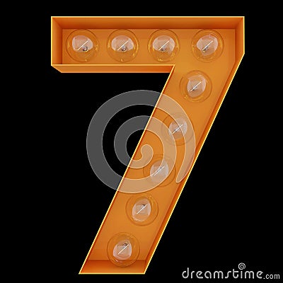 Light bulb digit alphabet character 7 seven font. Front view illuminated number 1 symbol on black background. 3d render. Cartoon Illustration