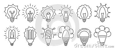 Light bulb doodle icon set retro glass lamp ecology led line sign economy lightbulb symbol idea Vector Illustration