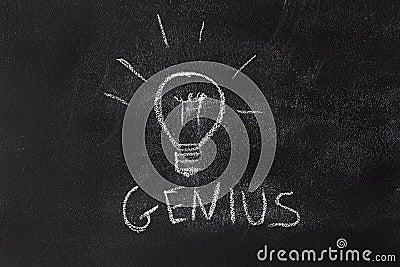 A light bulb drawn on a black chalkboard. Stock Photo