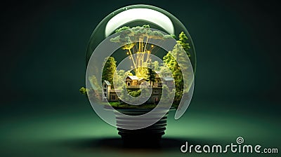 Light bulb filled with green leaves, house and plants. Concept of renewable and clean energy, sustainable resources, Earth Day Stock Photo