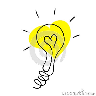 Light bulb flat icon with filament in shape of heart. Romantic and love ideas association. Doodle vector illustration in Cartoon Illustration