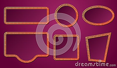 Light bulb frames. Isolated retro lights frame, 3d lighting signs. Circus theater cinema cafe boards. Casino advertising Vector Illustration