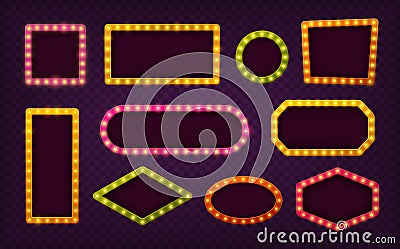 Light bulb frames. Makeup mirror with lamp frame, festival decoration. Marquee sign, festival, cinema broadway theater Vector Illustration