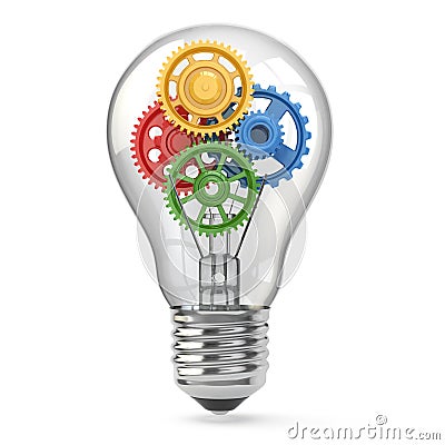 Light bulb and gears. Perpetuum mobile idea concept. Stock Photo