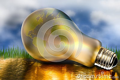 Light bulb with a globe inside against the blue sky. Environmental safety of the planet. 3D-image Stock Photo