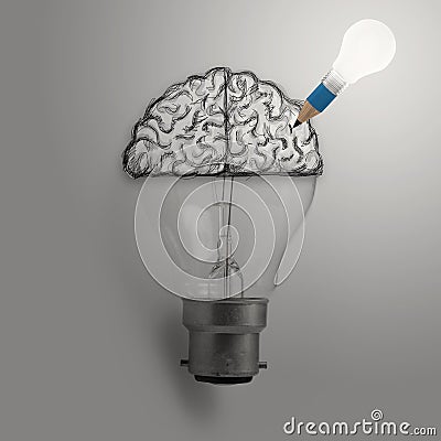 Light bulb with hand drawn brain as creative idea Stock Photo