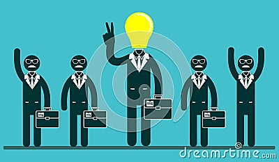 Light bulb headed businessmen In the center of a group of people. Vector Illustration