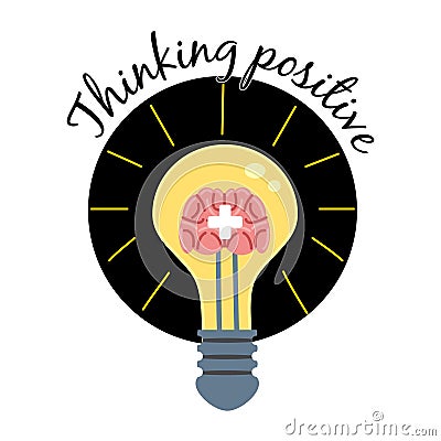 Light bulb with human brain plus symbol logo. Positive thinking, creative idea, mind, solution concept. Vector Vector Illustration