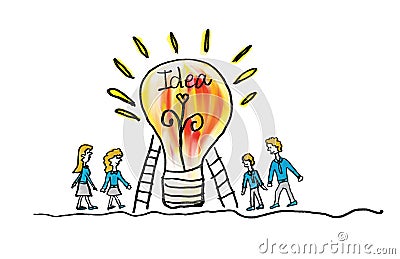 light bulb icon with business man and business woman vector illustration. creative idea concept, teamwork concept, doodle hand Vector Illustration