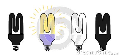 Light bulb icon energy saving fluorescent lamp silhouette stamp doodle set eco economy lightbulb Vector Illustration