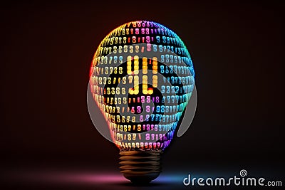 A light bulb inside which is a binary hacker code, neon colors Stock Photo