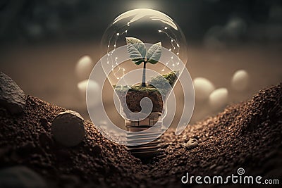 Light bulb is located on the soil, and plant are growing with wind turbine Generative AI Stock Photo