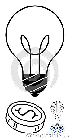 Light bulb, money coin, brain with neural connections, and abstract data layers emphasizing innovation Vector Illustration