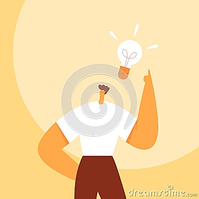 Light bulb over the man head. Business concept of creating new good ideas or thoughts. Cartoon male character, businessman Cartoon Illustration