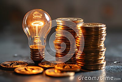 Light Bulb on Pile of Coins Generative AI Stock Photo