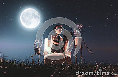Light bulb robot giving a light to the girl who reading a book in starry night Stock Photo