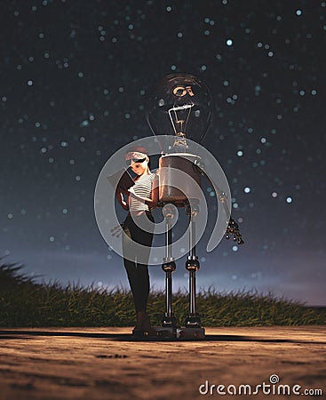 Light bulb robot giving a light to the girl who reading a book in starry night Stock Photo