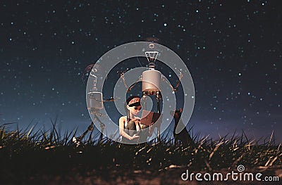 Light bulb robot giving a light to the girl who reading a book in starry night Stock Photo