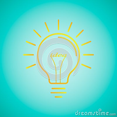 Light bulb with shining rays and `idea` word. Vector Illustration