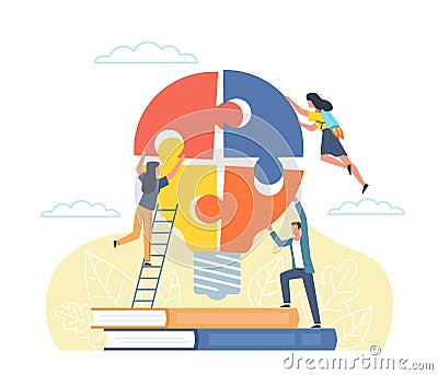 Light bulb teamwork puzzle. People group build together big bulb, joint development common idea, business workers Vector Illustration