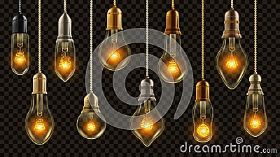 Light Bulb Vintage Set Vector. Glowing Shine Lamp. Transparent 3D Realistic Electric Retro Loft Or Steampunk Style Vector Illustration