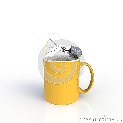 Light bulb with yellow coffee cup isolated on white background. Stock Photo