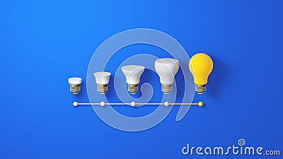 Light Bulb Yellow Growthing Outstanding Among Lightbulb White on Blue Background. Stock Photo