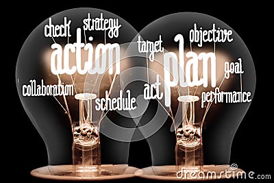 Light Bulbs with Action Plan Concept Stock Photo