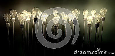 Light Bulbs Aiming Skyward With Eerie Glow Stock Photo