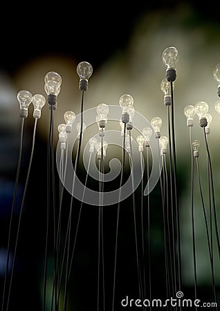 Light Bulbs Aiming Skyward With Eerie Glow Stock Photo