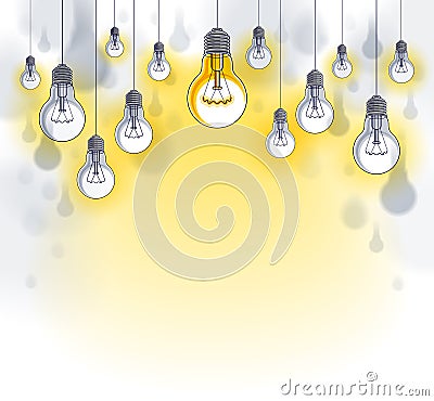 Light bulbs beautiful vector illustration with single one shining, idea concept, think different, stand out of crowd, creative Vector Illustration